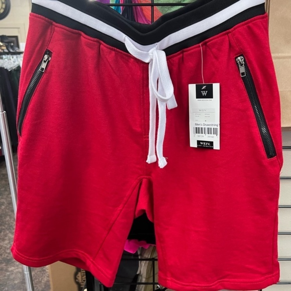 Weiv USA Red Black Athletic Drawstring Shorts Zip Pockets NWT